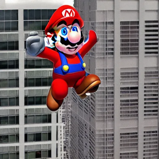 Image similar to super mario bros jumps from tall building