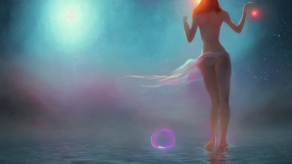 Prompt: a beautiful whimsical woman standing in a lake basking in the moonlight, underneath a multi-colored binary blackhole with an accretion disc, by Lois van Baarle, by Greg Rutkowski, by artgerm, by beeple, cinematic angle, volumetric lighting, 4k resolution, octane render, trending on artstation, masterpiece