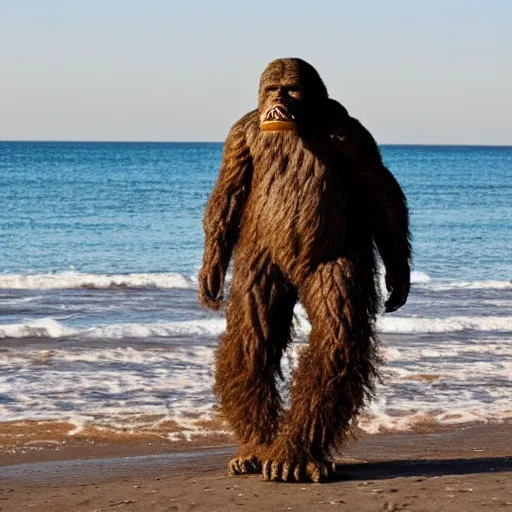 Image similar to photo of a Bigfoot at the beach in Tel Aviv, 50mm, beautiful photo