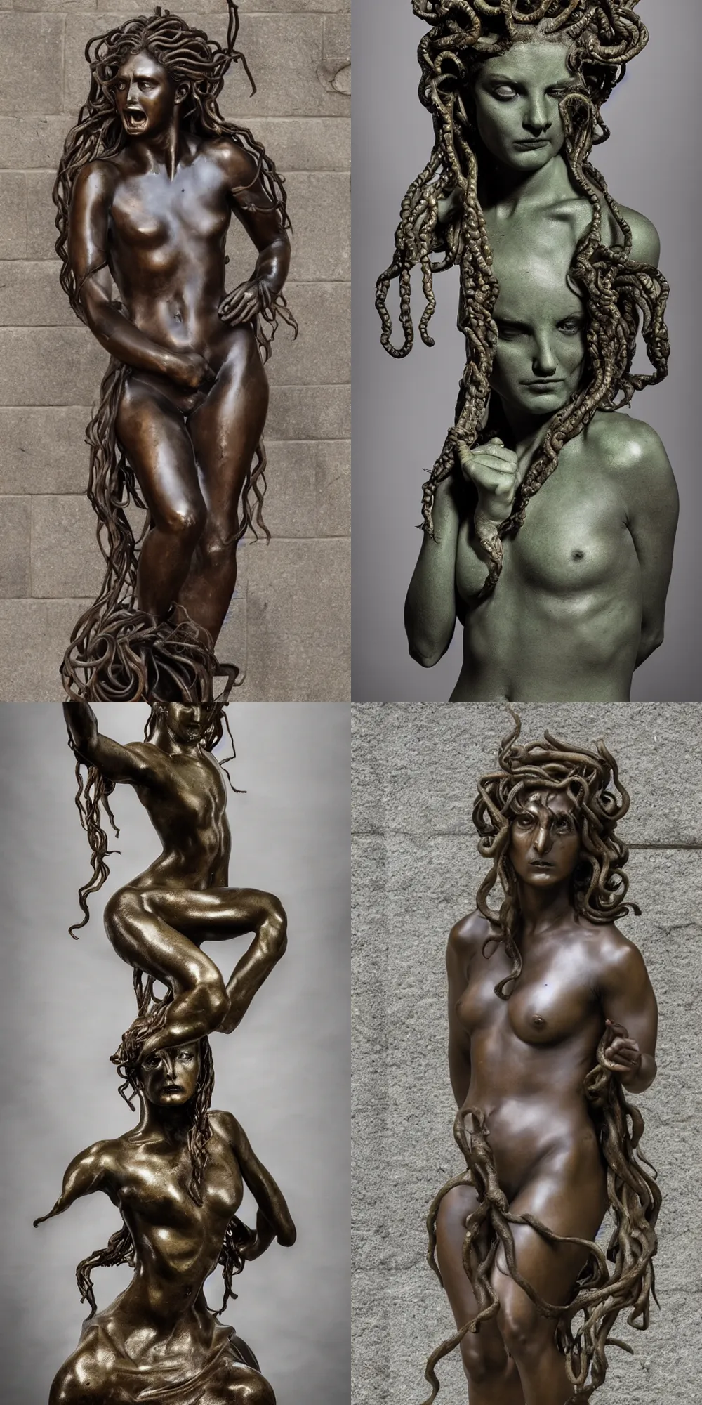 Prompt: full body bronze sculpture of medusa, renaissance style, patina, sharp facial features, angry, professional photography, dynamic and dominant