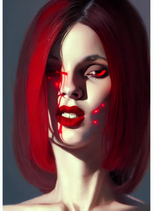 Image similar to portrait of a woman with a crooked nose and a confident expression, 1 9 6 0 s, long hair, red clothes, goth, intricate, elegant, glowing lights, highly detailed, digital painting, artstation, concept art, smooth, sharp focus, illustration, art by wlop, mars ravelo and greg rutkowski