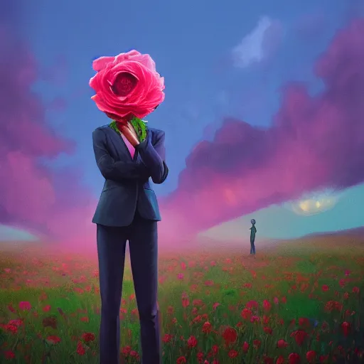 Prompt: closeup, giant rose flower head, portrait, girl with suit, surreal photography, sunrise, blue sky, dramatic light, impressionist painting, digital painting, artstation, simon stalenhag