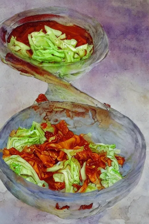 Image similar to kimchi, korean spicy fermented cabbage, by jerry pinkney