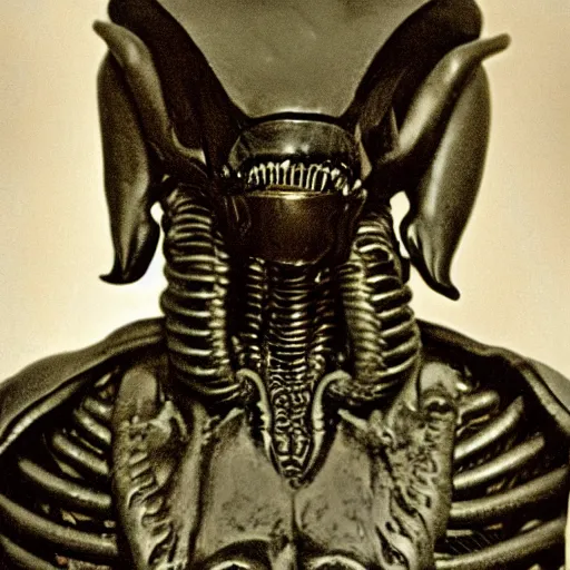 Prompt: photograph of xenomorph by edwardian, male, 1 9 0 0 s, 1 9 1 0 s, grainy, slightly blurry, faded, realistic face
