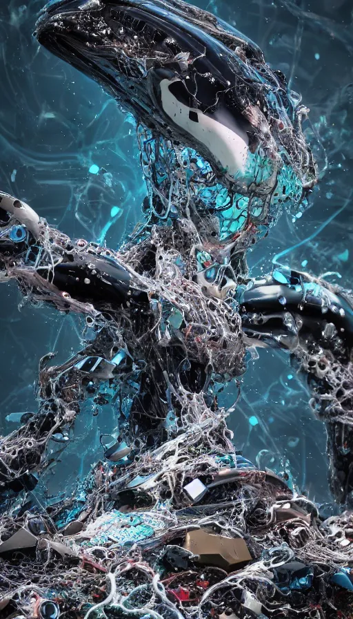 Image similar to color pentax photograph of a biomechanical orca spirit emerging from the sea, made up of bits of plastic and skin and metal, shiny, wet, made of nanomaterials, metallic, cyberpunk, post apocalyptic, hyper realistic, epic angle, beautiful composition, octane render, unreal engine render, 8k, super detailed, SLICK!!