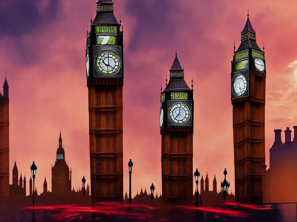 Image similar to an ancient beautiful cyborg of the elder gods in the city of London, a giant beautiful cyborg with glowing eyes in London with Big Ben in the background, westminster, colourful, dramatic lighting, golden hour, very detailed octane render very realistic beautiful