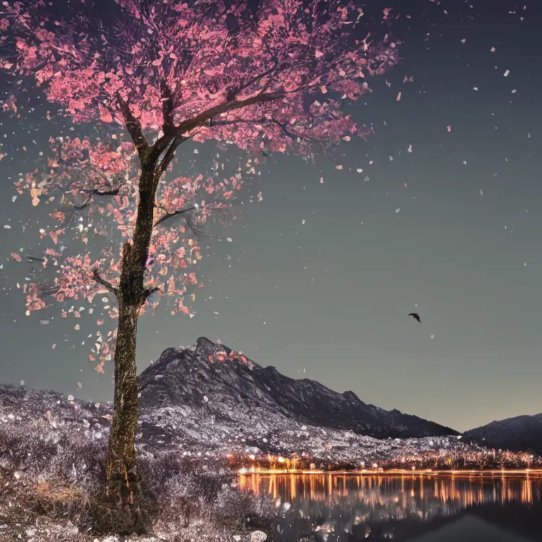 Prompt: a beautiful awesome artistic tree in the winter at night with falling flowers like leaves and many birds, all in the amazing outdoors view, mountain in the background, lake, long exposure, 8 k resolution, trending on artstation