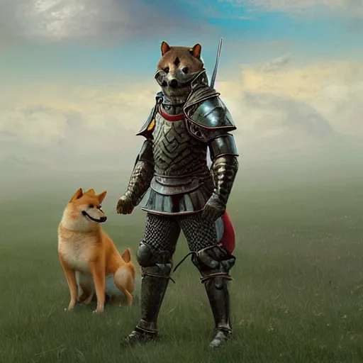 Image similar to anthropomorphic shiba inu, knight red armor, standing on hill of dead enemies, stuning fantasy 3 d render, masterpiece, glowing dark aura, by donato giancola and greg rutkowski and wayne barlow and zdzisław beksinski, realistic face