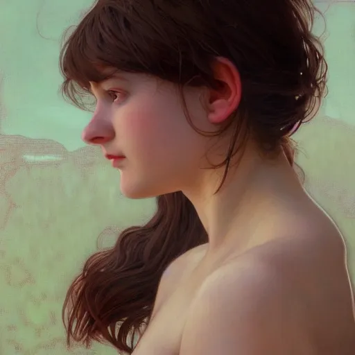 Prompt: portrait of a welsh girl with straight brown hair, glowing skin, delicate features, teenage amelie poulain, fantasy, intricate, elegant, dress shirt, highly detailed, digital painting, artstation, concept art, animation, smooth, sharp focus, illustration, art by Krenz Cushart and Artem Demura and alphonse mucha and ilya kuvshinov
