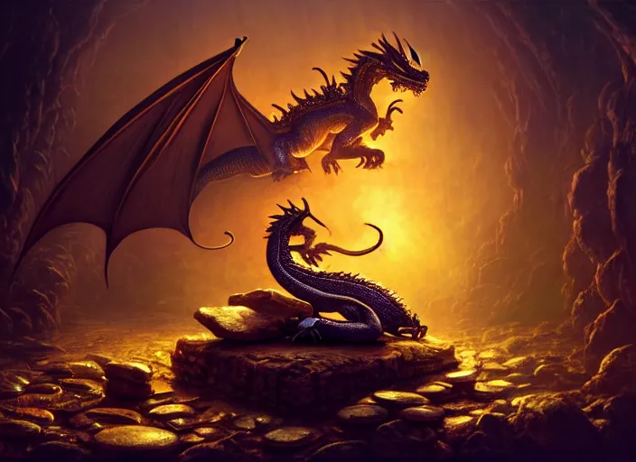 Image similar to dragon asleep on a pile of treasure, dramatic light, dungeon background, treasure, gold, jewels, treasure pile, high detail, fantasy background, painted todd lockwood, stanley lau, greg rutkowski, artgerm, digital art, trending on artstation