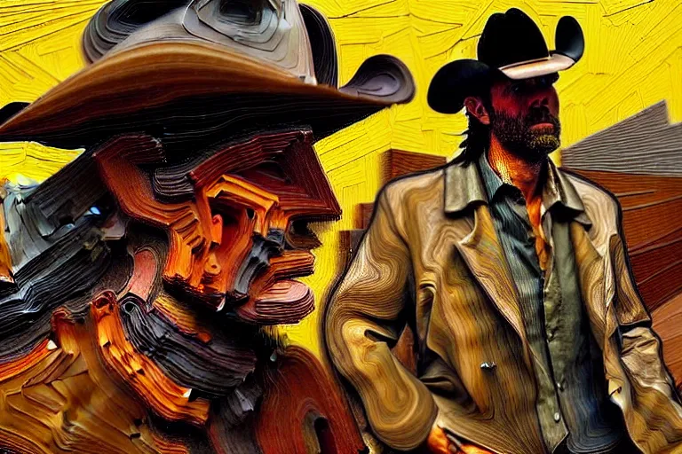 Image similar to an extremely detailed masterpiece painting of a cowboy gunslinger facing off a professional gunslinger from a low angle in tucson, in the style of frank auerbach, epic scene, tensive mood