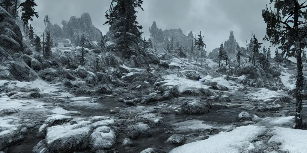 Image similar to a landscape of skyrim, unreal engine 5, photorealism