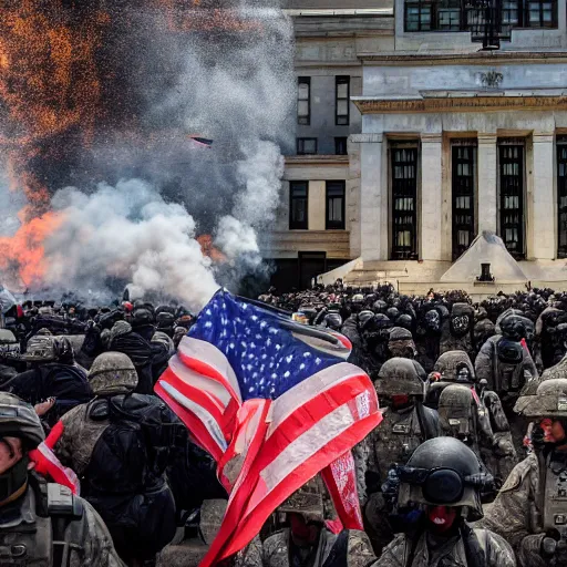 Prompt: 4 k hdr sony a 7 photo of soldiers with bitcoin logos on their helmets at a protest of thousands of people surrounding federal reserve building with us dollars burning in a pile and flying everywhere