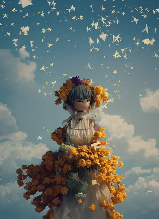 Prompt: background edge of space with puffy clouds are dusk, anthropomorphic paper woman wrapped in a flowing couture tissue paper, paper chrysanthemums, many origami stars, eery light, 3 d, very detailed, octane render, trending artstation, artgem