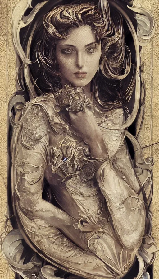 Prompt: An extremely beautiful Art Nouveau ornate portrait of a young attractive woman with a beautiful bone structure, professionally painted digital art illustration, smooth, sharp focus, atmospheric lighting, highly detailed illustration highlights, golden ratio, extremely detailed winning award masterpiece, 8K post-processing, trending on artstation flawless