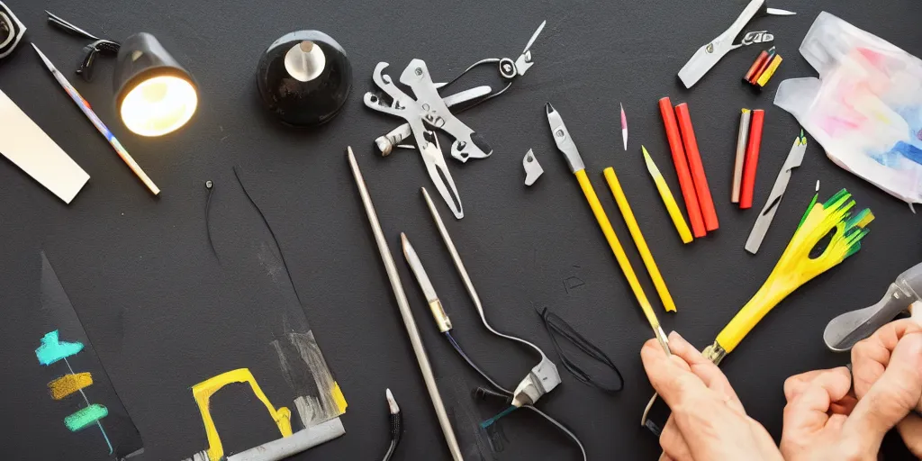 Image similar to artist's tools on black paper with a lamp on a desk