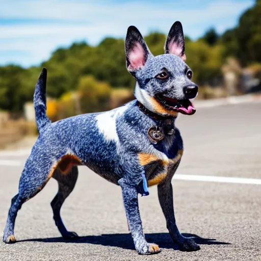 Image similar to blue heeler dog on a motorcycle, 8 k photography, blurred background of a wafflehouse