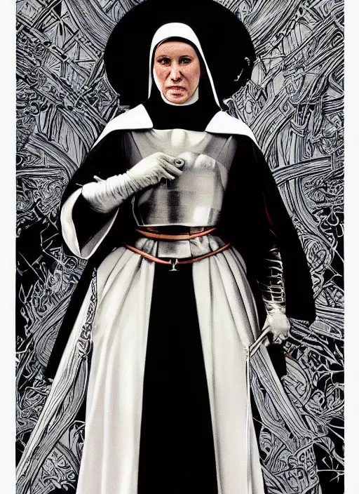 Prompt: a nun wearing a medieval armor. intricate detail armor. nun clothes. art by martin ansin, martin ansin artwork. portrait.