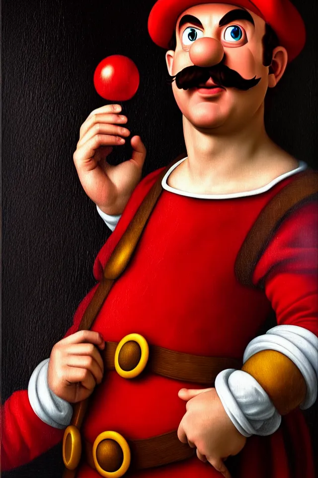 Image similar to bizarre renaissance portrait of mario as a highly detailed realistic real life person, dramatic cinematic lighting, 8 k, beautiful intricate painting