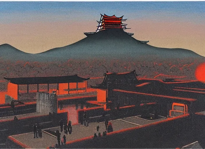 Image similar to vincent di fate's 1 9 8 0 cozy, simple painting of hiroshima castle in hiroshima. cyberpunk style.