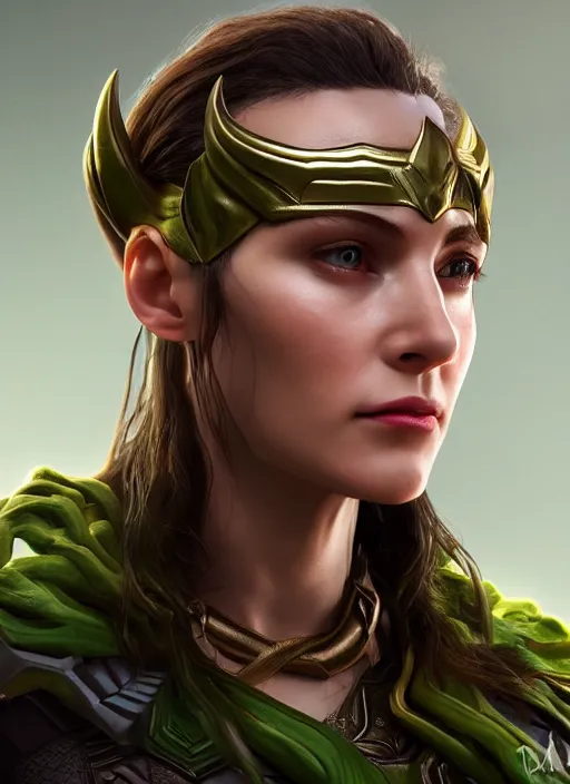 Prompt: female loki, au naturel, hyper detailed, digital art, trending in artstation, cinematic lighting, studio quality, smooth render, unreal engine 5 rendered, octane rendered