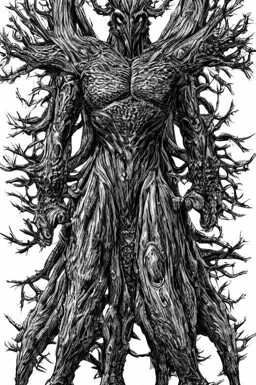 Image similar to armoured tree humanoid monster, symmetrical, highly detailed, digital art, tree armour, sharp focus, trending on art station, kentaro miura manga art style