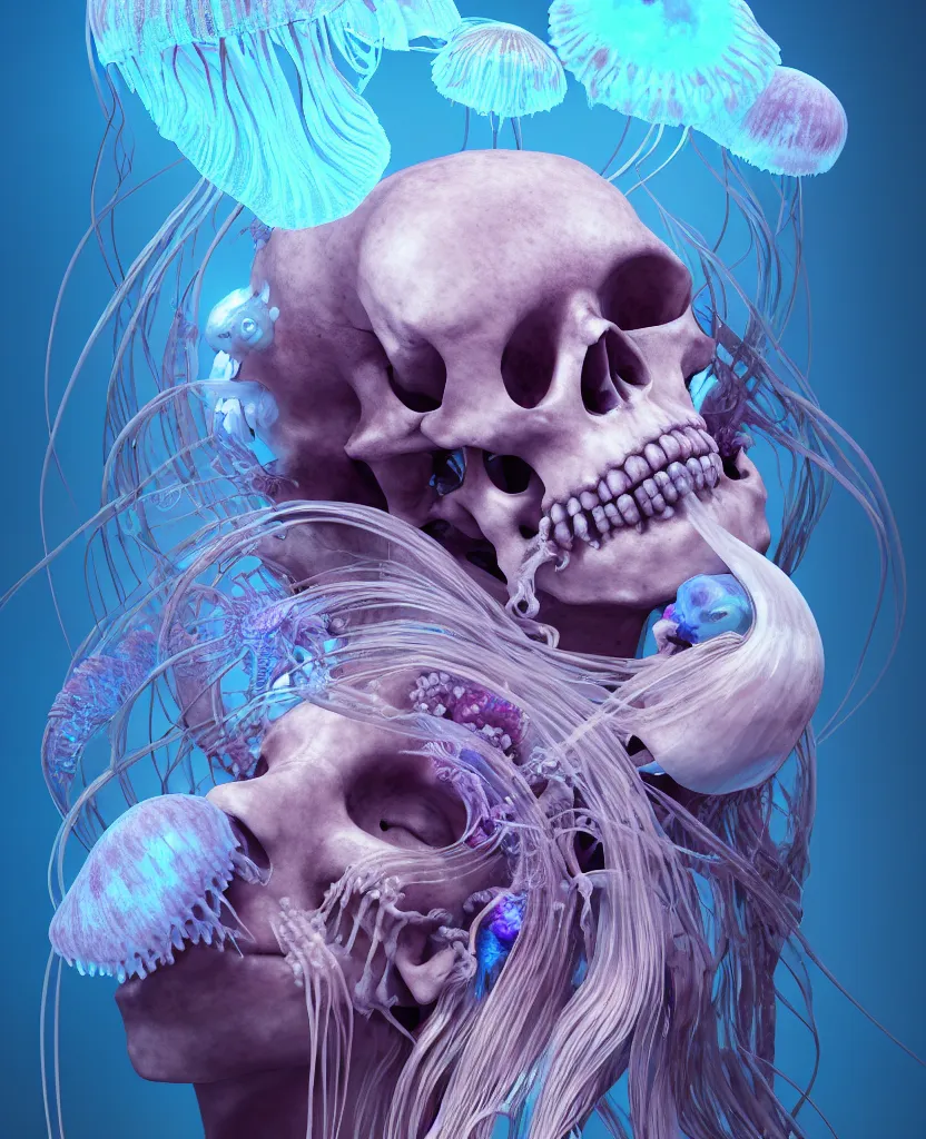 Image similar to goddess close - up portrait human skeleton, ram skull, jellyfish, orchid, betta fish, bioluminiscent, intricate artwork by tooth wu and wlop and beeple. octane render, trending on artstation, greg rutkowski very coherent symmetrical artwork. cinematic, hyper realism, high detail, octane render, 8 k