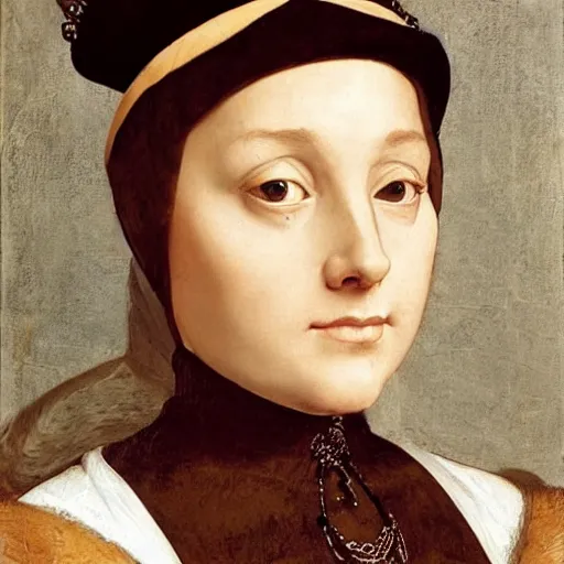 Prompt: skudy of a pretty young woman. exceptional lighting highlights her faces features by hans holbein the younger.