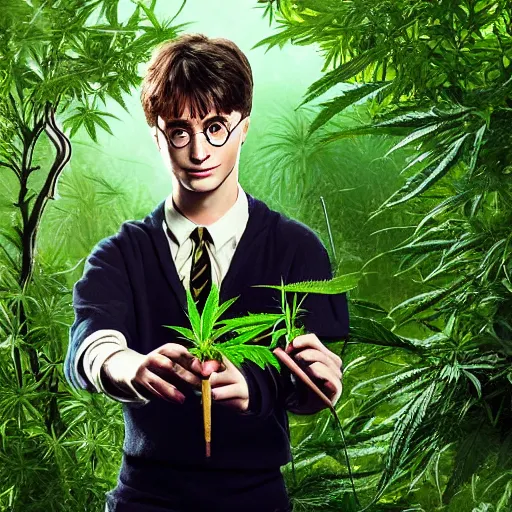 Image similar to harry potter in a jungle of weed plants, he is holding a joint as his wand and smoking weed and surrounded by green dense weed kush plants, smoke in front, smoke behind, smoke background, red eyes, smoking weed, hyper detailed, cinematic lighting, studio quality, smooth render,
