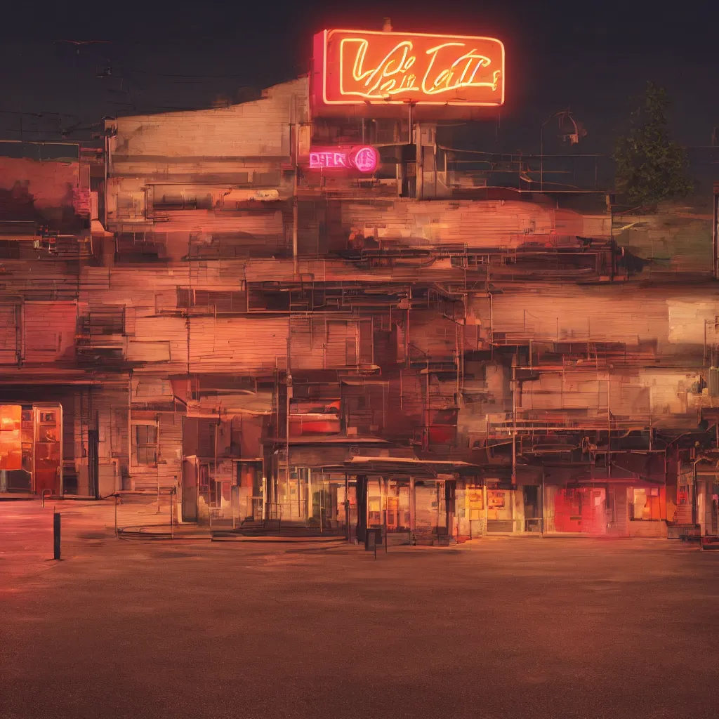 Prompt: an empty parking lout outside an abandoned retro diner at night, by lee madgwick, pink and orange neon lights, highly detailed, photorealistic, artstation trending, cryengine 8 k uhd