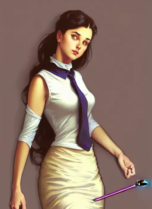 Image similar to portrait of a full body of beautiful young female secretary, d & d, sleeveless turtleneck, pencil skirt, fantasy, flat lighting, intricate, highly detailed, digital painting, artstation, concept art, smooth, sharp focus, illustration, art by simon bisley and greg rutkowski and alphonse mucha, natural tpose