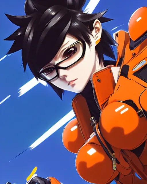 Image similar to Anime as Tracer Overwatch wearing leather-coat; in mask-orange-coloured || cute-fine-face, pretty face, realistic shaded Perfect face, fine details. Anime. realistic shaded lighting poster by Ilya Kuvshinov katsuhiro otomo ghost-in-the-shell, magali villeneuve, artgerm, Jeremy Lipkin and Michael Garmash and Rob Rey as Overwatch Tracer cute smile