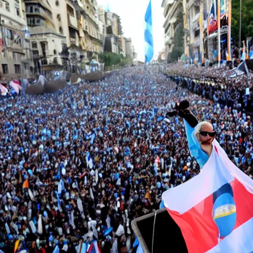 Image similar to Lady Gaga as president, Argentina presidential rally, Argentine flags behind, bokeh, giving a speech, detailed face, Argentina