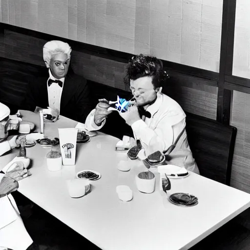 Prompt: Ronald McDonalds eating in a KFC with the Colonel