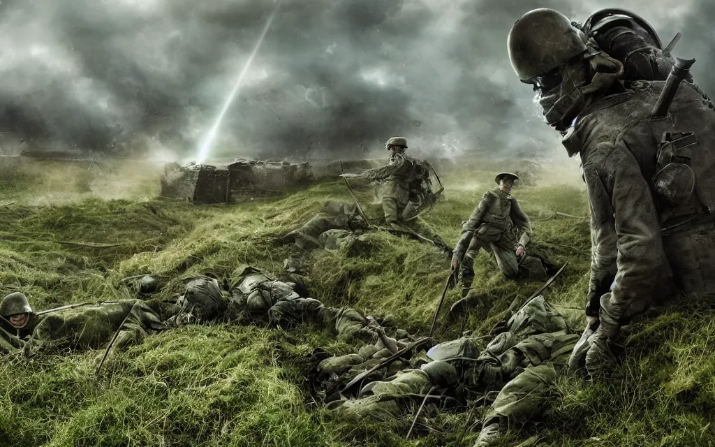 Image similar to fight ww 1, deep trenches with fortifications, natural landscape, green and blue tones, soldiers fighting against aliens from edge of tomorrow, realistic people, ground explosion in the background, alien mothership in the sky, hyper realistic, highly detailed, dramatic lighting, raytarced, god rays, 4 k, 8 k, art by artgem