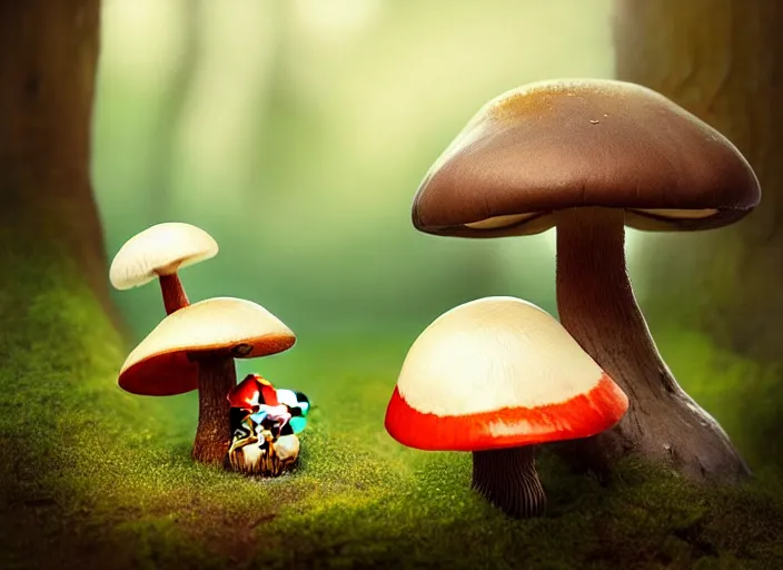 Prompt: a cute creature sitting next to a mushroom, realistic, very detailed, complex, intricate, studio lighting, superres sharpening, bokeh, sigma 5 0 mm f 1. 4, 1 9 2 0 period drama by bussiere rutkowski andreas rocha