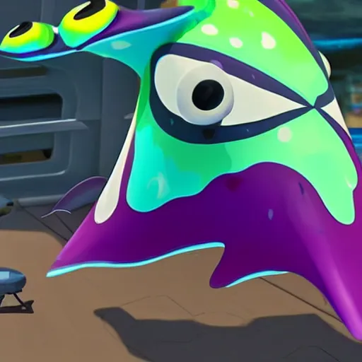 Image similar to a manta ray character who sells paints for splatoon by nintendo, in the calarts style, designed by nintendo, designed by pixar, cgi, professional, gaming