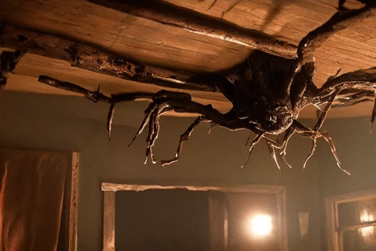 Image similar to film still of a six legged monster clinging to the ceiling of an old cabin's living room, horror movie, eerie, creepy, dark, amazing lighting, great cinematography, directed by scott derrickson