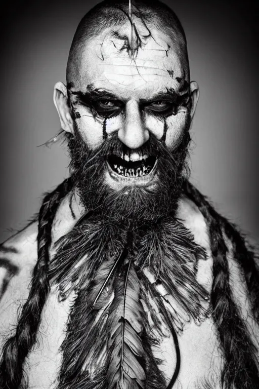 Prompt: a cinematic view of wide bw photo from a very ornated old clown viking, half shaved haircut, braided beard, showing nordic tattoos in the face, scars in the face, feather earing, using leather armour with necklace of teeth, marvelous expression, photorealistic, volummetric light, detailed, texturized, deep contrast, zeiss lens high professional mode