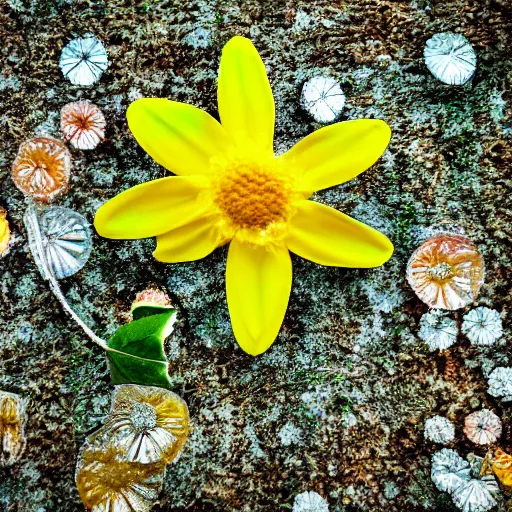 Prompt: A macro photo of a beautiful yellow flower, in the middle is a web camera and USB port, computer ports, biotech, petals fill the image, water droplets glisten, dew, bokeh, luscious green foliage