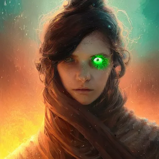 Image similar to portrait young woman with wavy brown hair with a scar across left eye is legendary, frostpunk, high detail, concept art, color, vivid color, floating particles, glowing green eyes, spiral smoke, background by john harris + andreas rocha, artwork by charlie bowater + artgerm + anato finnstark + ross tran