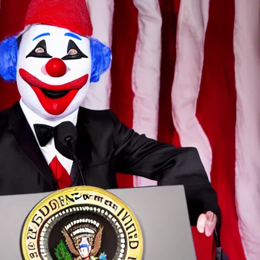 Image similar to string puppet of a president with clown makeup in a podium and a human shadow behind