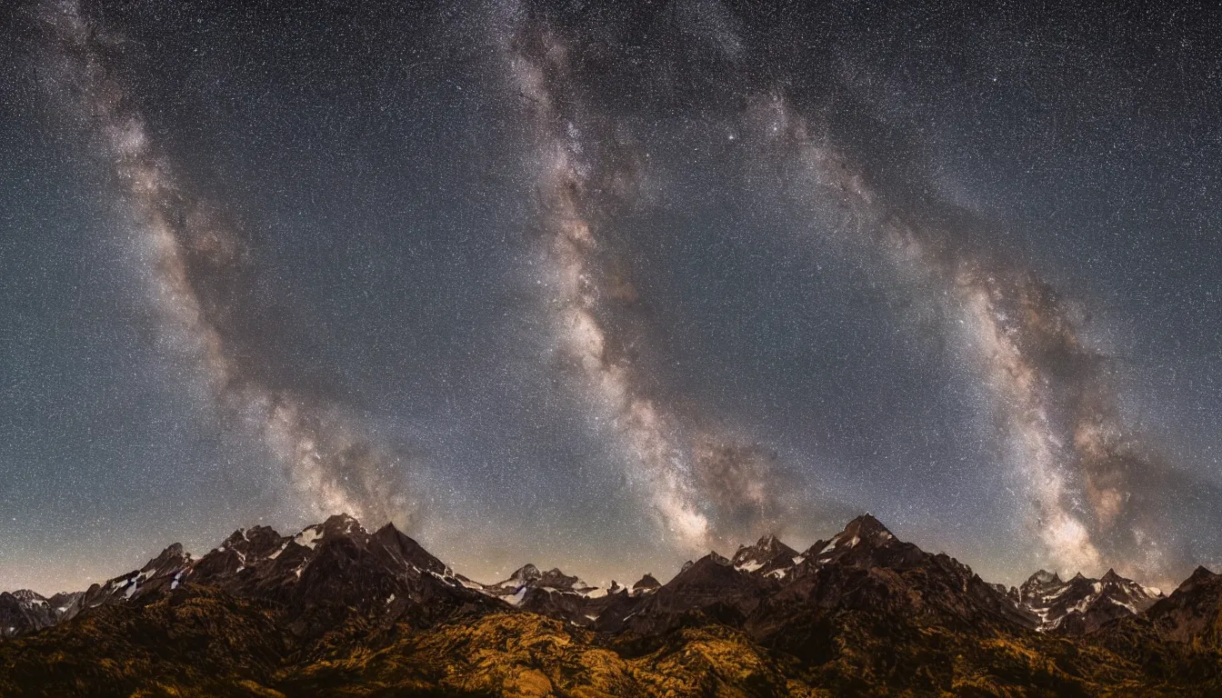 Image similar to night view of milky way behind mountains, 8k photography