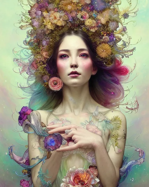 Prompt: Full View ultrarealistic Portrait ethereal fantasy deity wearing beautiful gown, flowers, spirituality, levitating, 4k digital masterpiece by Anna Dittman and Alberto Seveso Ruan Jia, rossdraws, artgerm and greg rutkowski and alphonse mucha and loish and WLOP, fantasycore, Hyperdetailed, fractals, scribble art, realistic digital painting, atmospheric, fireflies, soft lighting, featured on Artstation