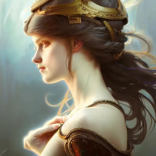 Image similar to Portrait of nordic girl, blue eyes, face, fantasy, intricate, elegant, highly detailed, digital painting, artstation, concept art, smooth, sharp focus, illustration, art by artgerm and greg rutkowski and alphonse mucha