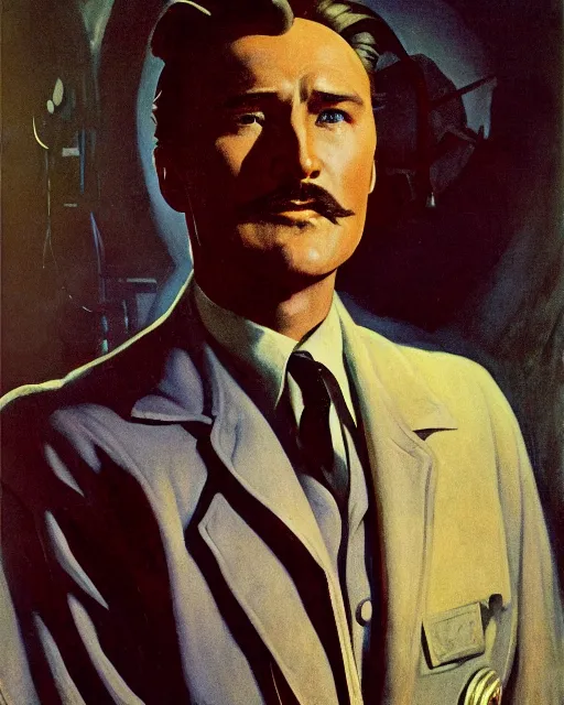 Image similar to Errol Flynn as a scientist. 1980s dystopian Soviet Russia, propaganda screens. Unreal engine, fantasy art by Greg Rutkowski, Gustave Courbet, Rosa Bonheur, Edward Hopper, Ilya Yefimovich Repin, Jean-François Millet, Andrew Newell Wyeth. Faithfully depicted facial expression, perfect anatomy global illumination, radiant light, detailed and intricate environment