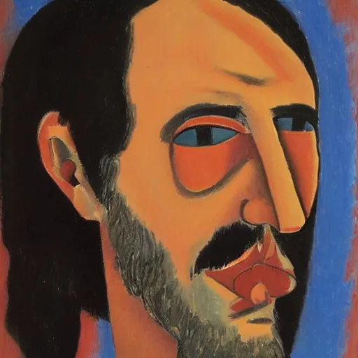 Image similar to a portrait lenny from motorhead in the style of amedeo modigliani