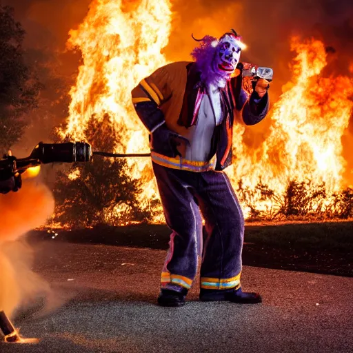 Image similar to photo of a clown using a flamethrower. In the background there is a house fire. award-winning, highly-detailed, 8K