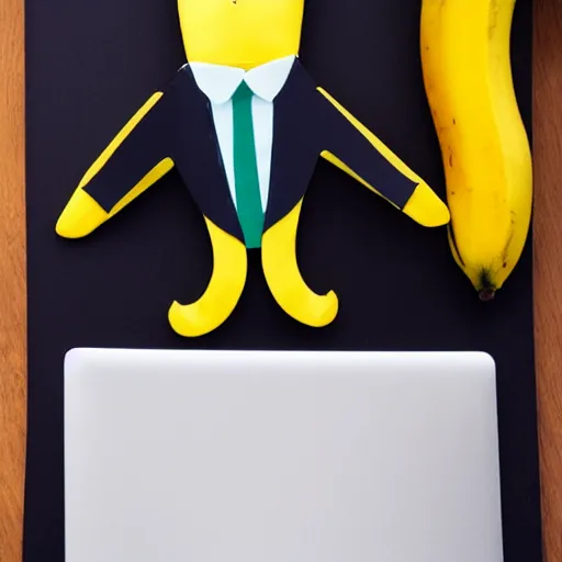 Image similar to an antropomorphic banana wearing a business suit