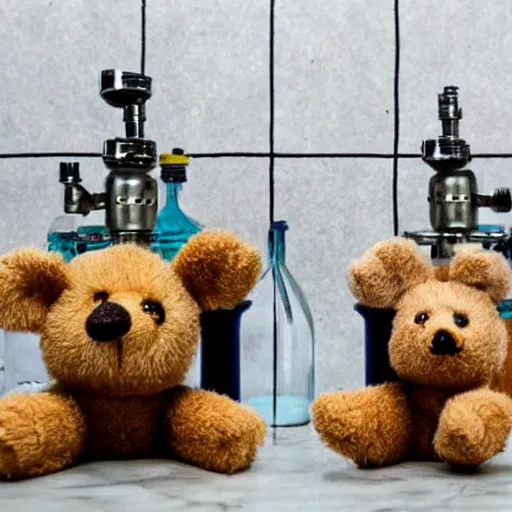 Prompt: photo of teddy bears mixing sparkling chemicals as mad scientists in a steampunk style